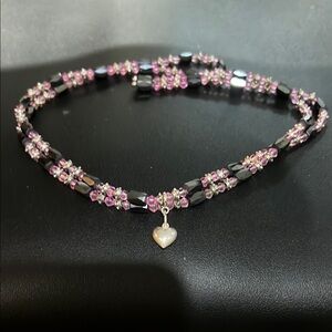 Elegant Pink and Black Beaded Necklace with Heart Charm